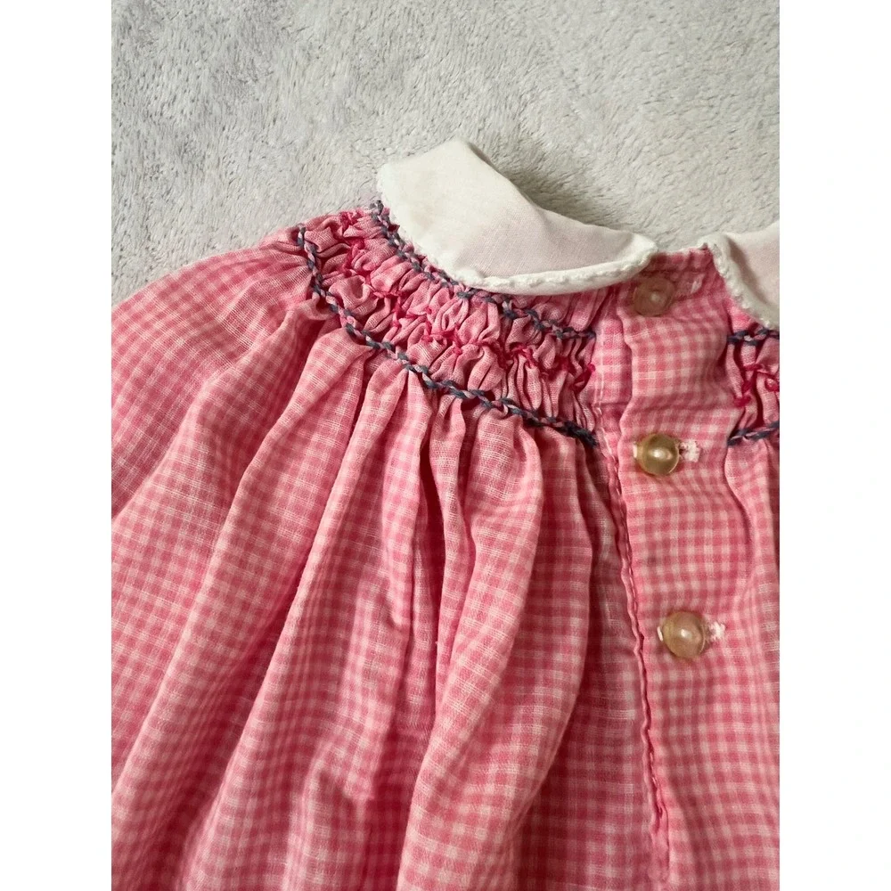 The Smockery Smocked Dress Pink Gingham Vintage Peter Pan Collar Size M